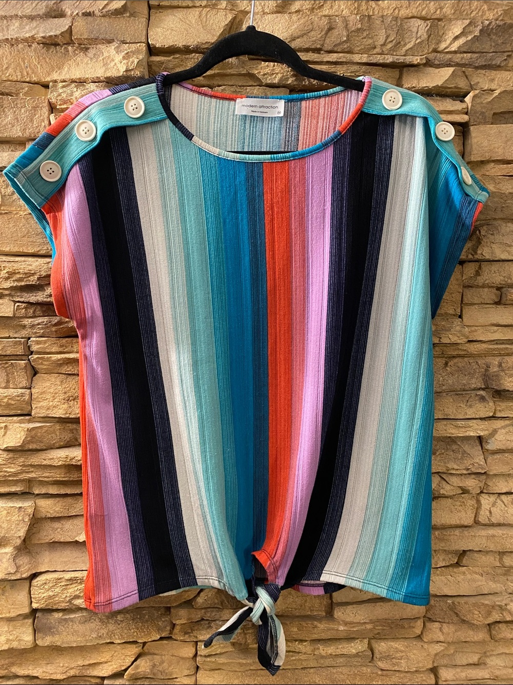Modern Attraction Colorful Vertical Stripe Tie-Hem Button Shoulder Top Medium